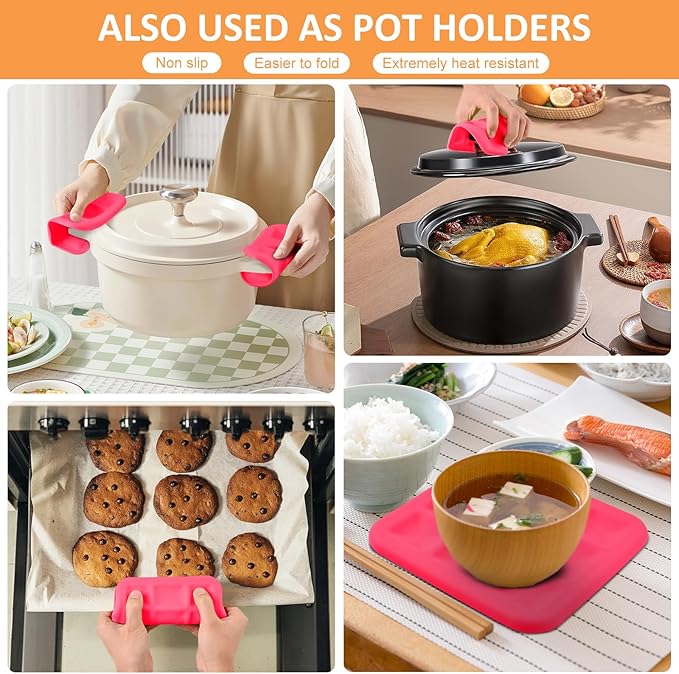 Silicone Trivets for Hot Pots and Pans, Pot Holders Hot Pads 6 Pack Silicone Mats for Kitchen Counter, Soft Durable Drying Mat, Jar Opener and Coasters (Pink)
