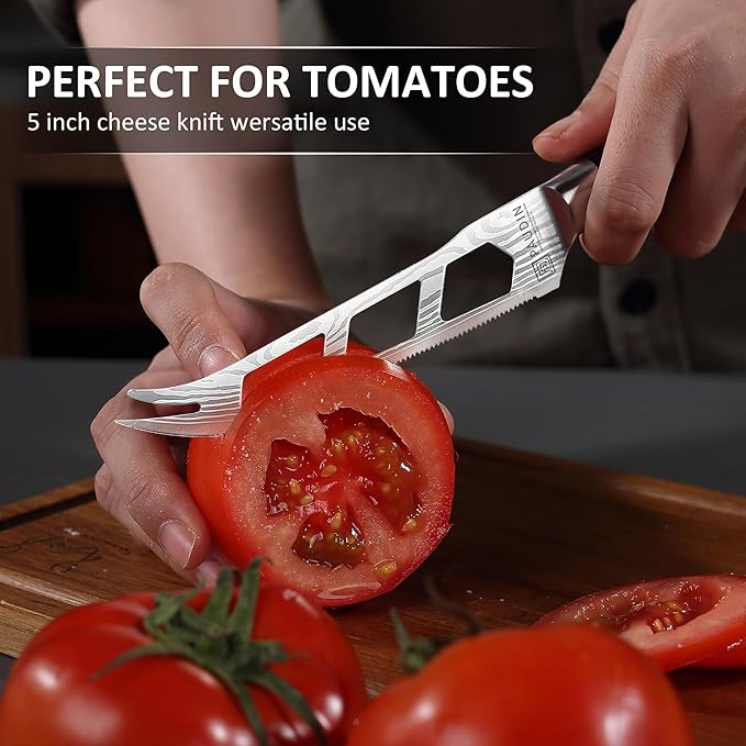 PAUDIN Cheese Knife, 5 Inch Serrated Knife, Multi-Use Tomato Knives with Ergonomic Pakkawood Handle, High Carbon Steel Ultra Sharp Small Kitchen Knives
