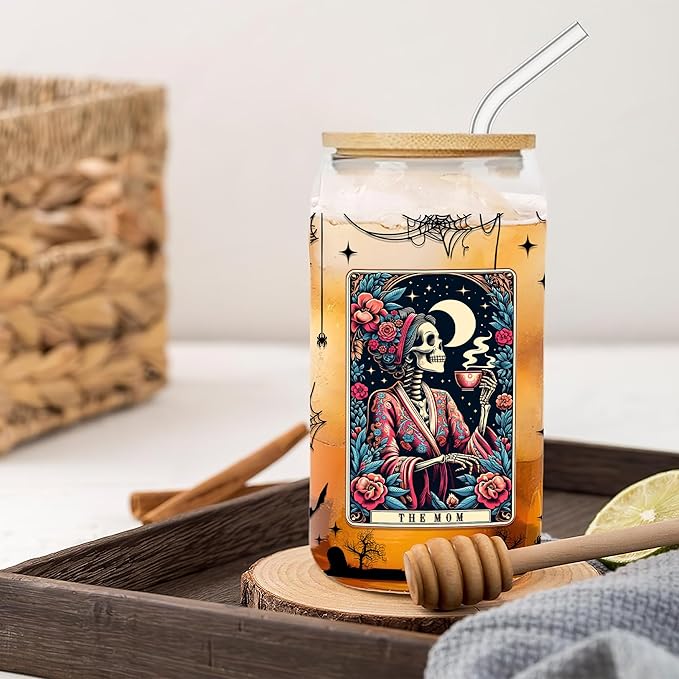 Funny Skeleton Mom 16 Oz Iced Coffee Cups Tarot Card Halloween Glass with Lids and Straws Spooky Skull Drinking Glasses Mommy Witchy Mugs Gothic Christmas Gifts for Women Mama Aunt Coworkers