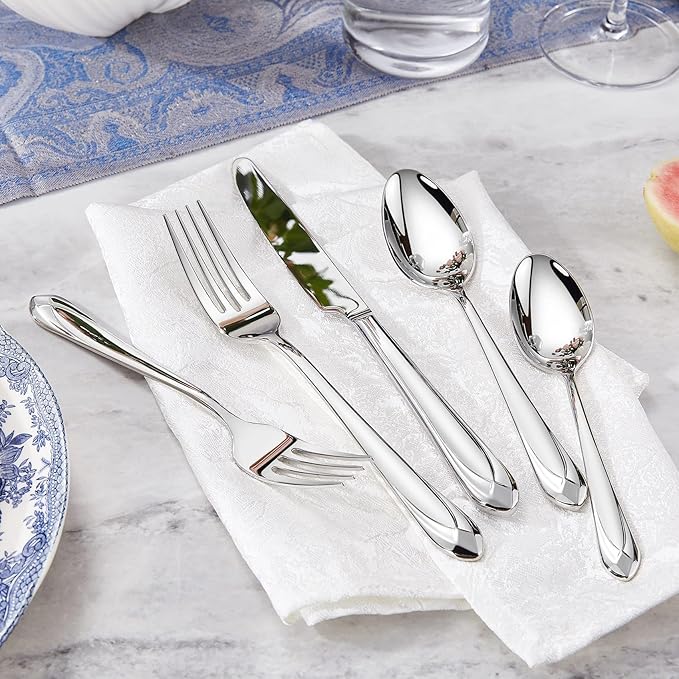 KEAWELL Premium Astra Flatware Set, 20-Piece Service for 4 Mirror-Finished 18/10 Stainless Steel Silverware, Modern Cutlery Dishwasher Safe for Meals and Gatherings (20, Silver)