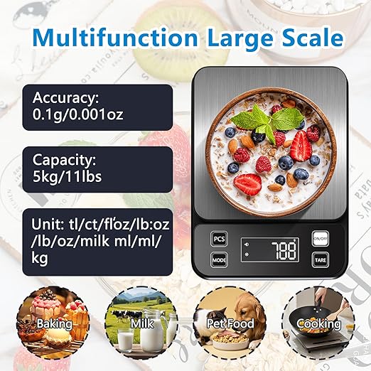 IPX7 Waterproof Food Scale | 0.01oz/0.1g Precision Kitchen Scale, 11lb/5kg | USB Rechargeable, Stainless Steel & Washable Kitchen Gadgets for Cooking, Baking