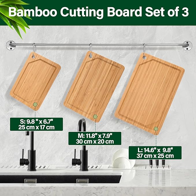 Bamboo Cutting Board Set of 3, Cutting Boards For Kitchen with Juice Groove, Bamboo Chopping Board Set, Serving Board Set for Meat, Vegetable and Cheese