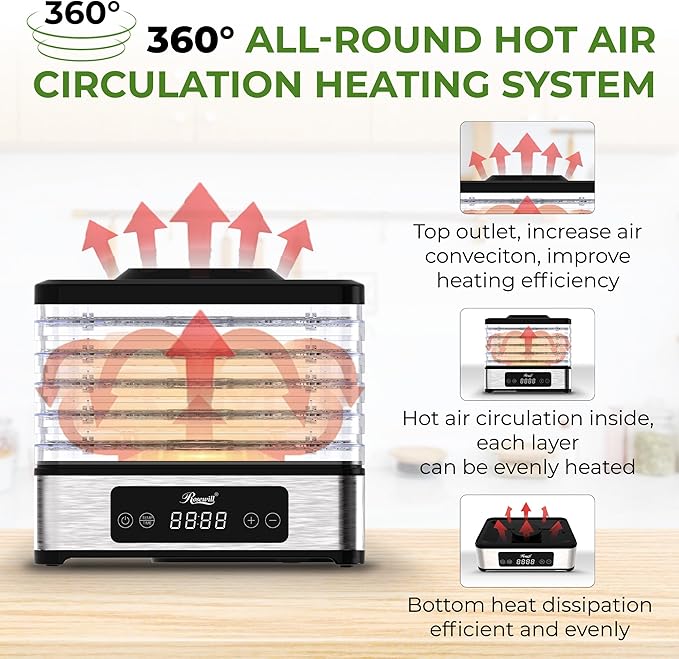 Rosewill Compact Food Dehydrator, 5 Stackable Trays with Adjustable 48H Timer and Temperature Control - 400W Electric Food Dryer for Jerky, Fruits, Herbs, Veggies, Meat & Dog Treats