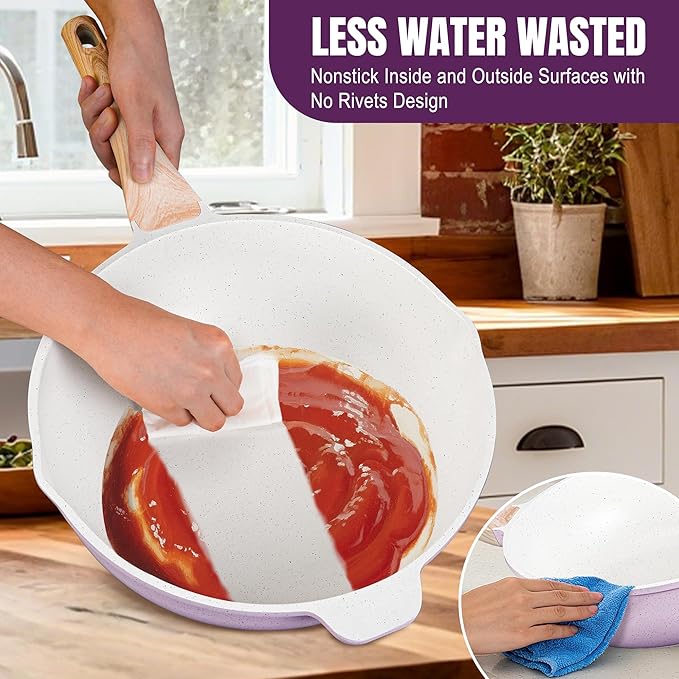 AOSION 11 Inch Nonstick Ceramic Deep Frying Pan Skille with Lid,5QT Sauté Pan for Cooking with Steam Rack,Healthy Large Skillet,Stay Cool Handle, Induction Compatible, PFOA & PFAS Free. (12IN-PURPLE)