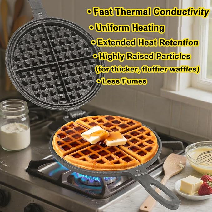 Cast Iron Waffle Maker for Stovetop or Camping Grill Two Piece Hinged Non Electric Waffle Iron Makes 8" Round Waffles
