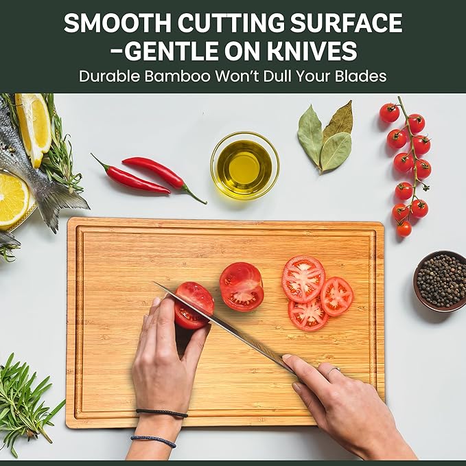 Bamboo Cutting Board for Kitchen - 16" Wooden Cutting Board with Side Handles, Deep Juice Groove, Heavy Duty Chopping Board & Serving Tray, Large Reversible Charcuterie & Cheese Board for Meat Serving