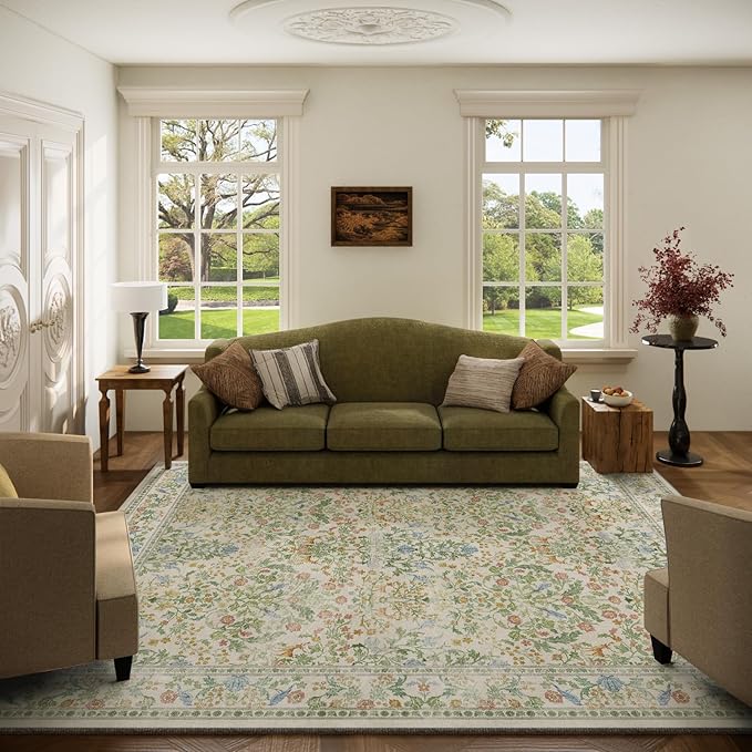 Washable Area Rugs for Living Room: 5x7 Bedroom Rug Vintage Rugs Stain Resistant Non Slip Low Pile Lightweight Soft Carpets Rugs for Dining Room Kitchen Nursery Kids Room Farmhouse Living Room