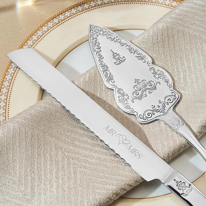 AW Bridal Silver Cake Cutting Set for Wedding, Stainless Steel Engraved Wedding Cake Knife Pie Server Gifts for Bridal Shower Engagement, Silver
