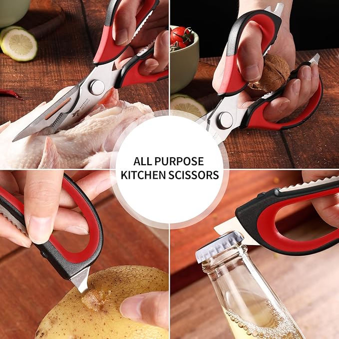 Kitchen Scissors All Purpose Kitchen Shears Come Apart,Stainless Steel Utility Scissors with Comfort Grip,Heavy Duty Poultry Shears for Chicken,Meat,Fish,Dishwash Safe (RED)