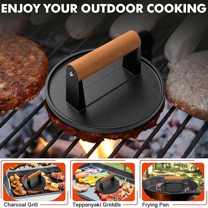 LLAMA VIVA 7.1" Smash Burger Press, Cast Iron Grill Press with Short Wood Handle - Round, Juicy and Crispy Burgers for BBQs, Cookouts - 1Pcs