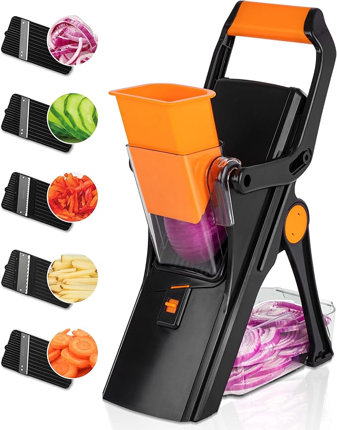 EMSON Safe Mandoline Slicer for Kitchen, All in 1 Potato Slicer Vegetable Slicer Food Slicer Vegetable Cutter, Mandolin Slicer for Veggies and More with 5 Blades and Storage Container