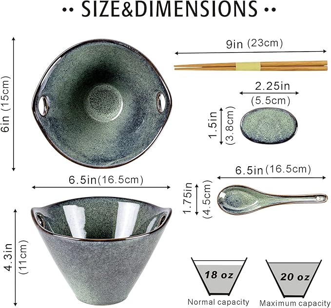 UNICASA Japanese Ramen Bowl Set with Chopsticks, Spoons and Rests, 20oz Deep Porcelain Noodle Bowl Set of 2 for Udon, Pho, Salad, Soup (Reactive Green)