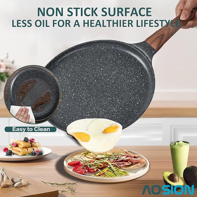 AOSION Crepe Pan 11 inch Nonstick Dosa Tawa Pan, Ceramic crepe pan,Tortilla Pan for Pancake Omelette Steak Frying Egg with Ergonmic Handle,For All Stoves