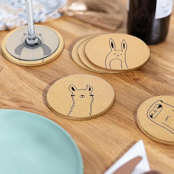 Coasters for Drinks with Holder Set of 6, Cute Animals Coaster Bulk for House Warming Gifts for New Home Couples Absorbent Cork Wood Cup Desk Coffee Table Office Kitchen Decor, Round 4"