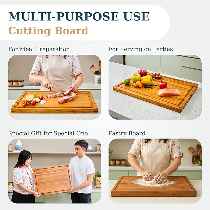 Bearchop Teak Cutting Boards for Kitchen, [20" x 15" x 1.5"] Large Edge Grain Cutting Boards, Solid Teak Wood Butcher Block Cutting Board with Juice Grooves and Handle, Knife Friendly and Reversible