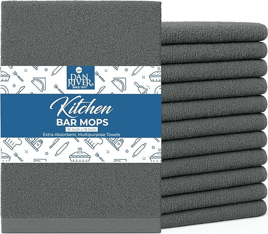 DAN RIVER Kitchen Bar Mops,Pack of 12,16 by 19 Inches,100% Cotton Super Absorbent,Multi-Purpose Cleaning Towels for Home and Kitchen Bars-Grey