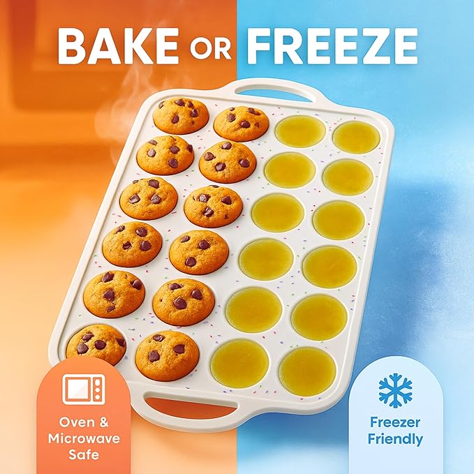2-Pack Mini Muffin Pan – 24-Cup Silicone Mini Muffin Pans for Baking with Metal-Reinforced Handles – Nonstick, BPA-Free Silicone Muffin Tray for Mini Cupcakes & Snacks – Dishwasher Safe, Cream