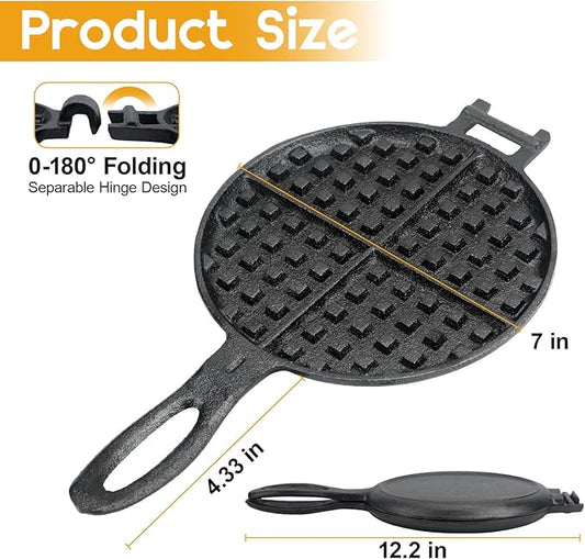 Cast Iron Waffle Maker for Stovetop or Camping Grill Two Piece Hinged Non Electric Waffle Iron Makes 7" Round Waffles