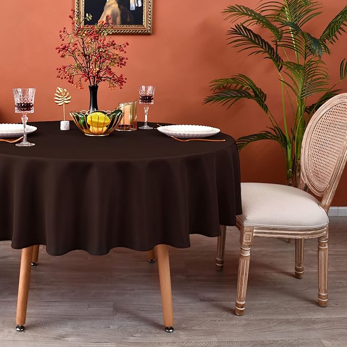 MEANMOY Brown 210 GSM Water & Stain Resistant Round Tablecloth for Circle Table - Solid 90 Inch Table Cloth Cover in Wrinkle Free Durable Washable Polyester Fabric for Wedding, Party, Banquet