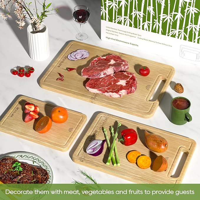 Healthy and Non Toxic & Totally Organic Bamboo Cutting Board Set,3 pack, No Glue & Plastic Free, Juice Groove, Non-solid Wood Cutting Board with hands for Kitchen for Meat, Vegetables and Fruits