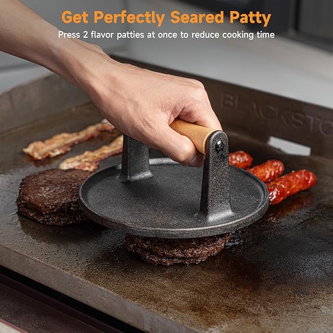 SHINESTAR Burger Press, 7" Cast Iron Smash Burger Press for Blackstone Griddle, Ideal for Patty, Burger, Bacon, Pre-Seasoned, Indoor and Outdoor Cooking, Round