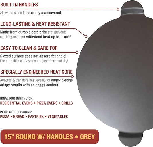 Old Stone Pizza Kitchen Glazed Round Pizza Stone with Handles for Oven and Grill, 15 inch