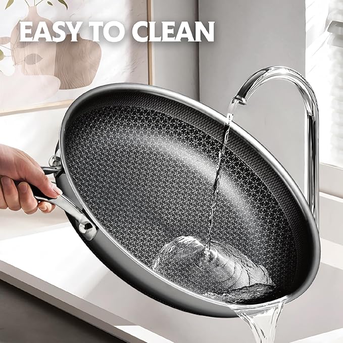 SNOWCLAD Hybrid Nonstick Stainless Steel Frying Pan with Lid, 12-Inch, PFOA-Free Non-Toxic Skillet, Induction Compatible, Dishwasher, Oven & Broiler Safe