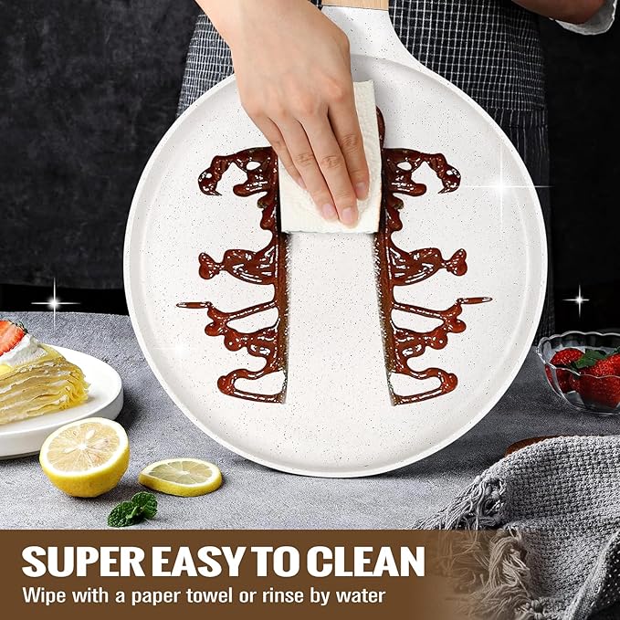 SouxMux Nonstick 9.7-Inch Crepe Pan with Spreader, Ceramic Coated Dosa Tawa Pan, Induction Compatible Flat Skillet for Pancakes, Omelettes, and More with Cool Handle, PFOA Free