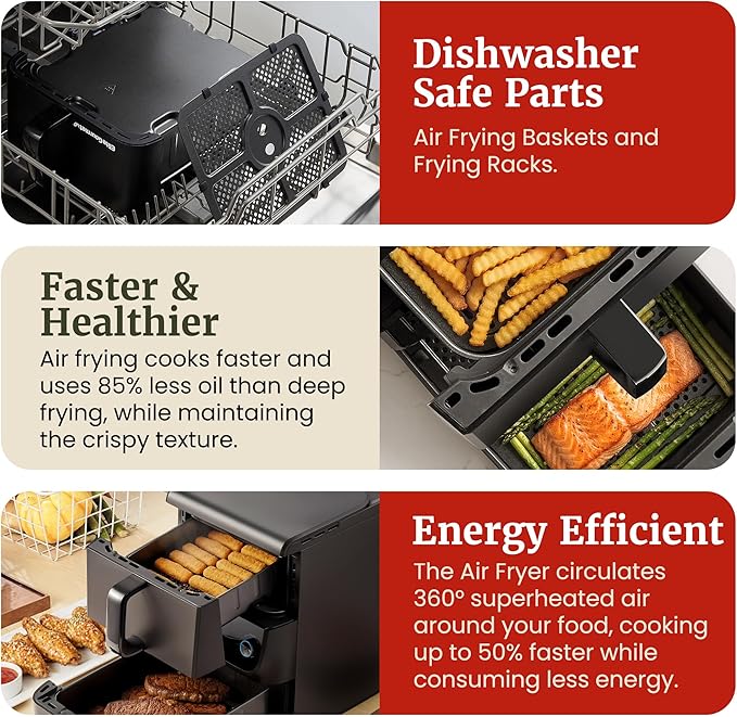 Elite Gourmet Dual Stacked Air Fryer, 10.5 Qt Capacity, PFAS Free Nonstick, 10 Presets, SYNC Cook & SYNC Finish, Adjustable Time & Temp, 1700-Watts, 34 Delicious Recipes, Black