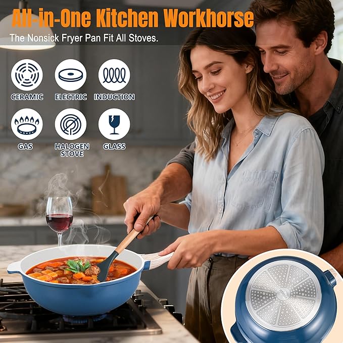 AOSION 11 Inch Nonstick Ceramic Deep Frying Pan Skille with Lid,5QT Sauté Pan for Cooking with Steam Rack,Healthy Large Skillet,Stay Cool Handle, Induction Compatible, PFOA & PFAS Free. (12IN-BLUE)
