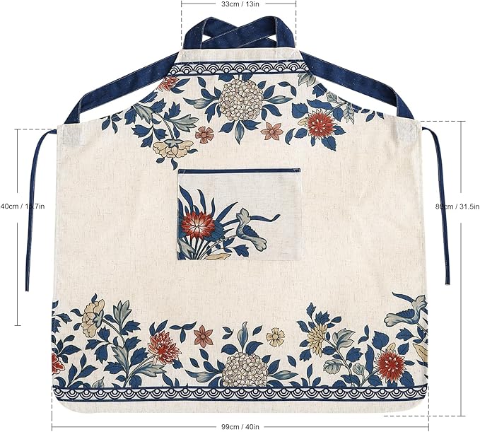 patdrea Blue Floral Linen Apron with Pocket,French Kitchen Garden Chef BBQ Aprons for Women and Men,Crisscross Back Straps