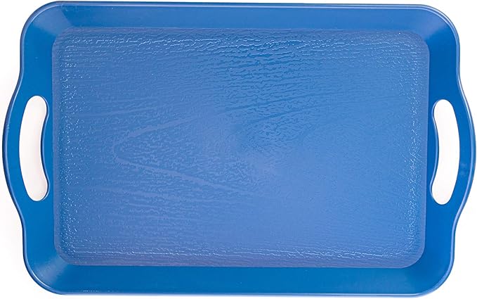 Handled Cafeteria Tray - 14" x 9" Rectangular Wood Grain Textured Plastic Food Serving TV Tray - Great for Restaurant Buffets, Diners, School Lunch, Cafe Commercial Kitchen and More (Blue)