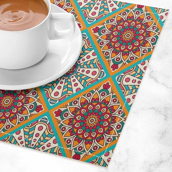Boho Mandala Placemats Set of 4 Mexican Ethnic Traditional Pattern with Geometric Plaids Abstract Flower for Restaurant Home Kitchen Holiday Picnic Party Decor 12x18in