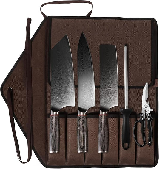 KOFERY Hand Forged Damascus Chef Knife Set with Roll Bag and Sharpener - Ideal for Culinary, Camping and BBQ(Iron-Grey Handle)