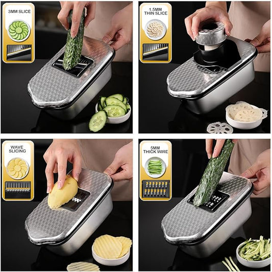 NOVANO 9-in-1 Vegetable Chopper, Stainless Steel Mandoline Slicer, Veggie Chopper, Food Chopper with Container, Onion Chopper, Veggie Cutter for Salad, Potato and Carrot, kitchen essentials Tool
