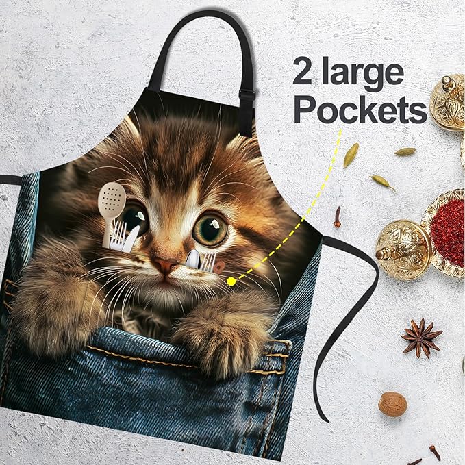 Funny Cat Apron with 2 Pockets Waterproof for Men Women Kitchen Garden Decor