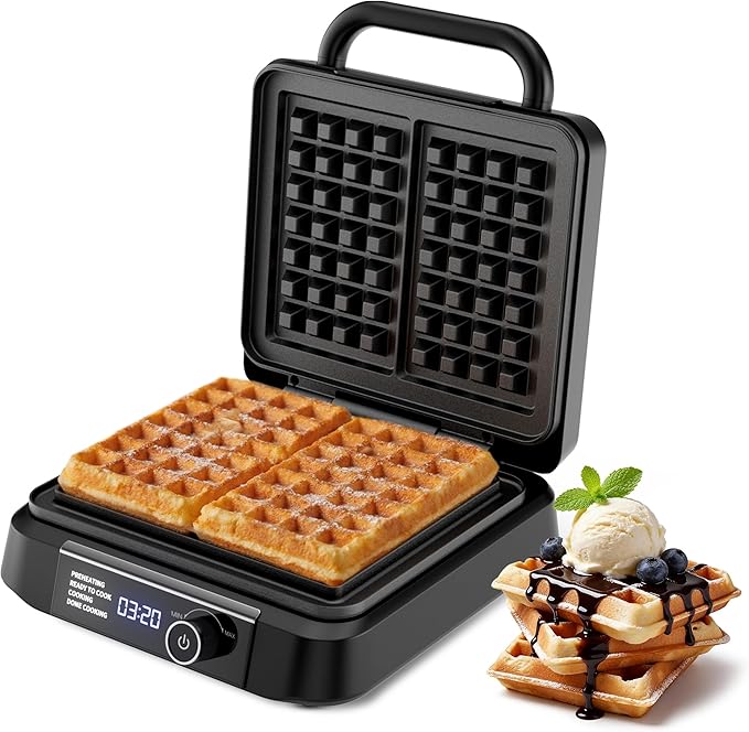 Waffle Maker, 1400W Belgian Waffle Maker, Dual Rectangular Thick Waffle Iron, 7-Level Browning LED Panel, Nonstick Plates, Anti-spill Design, Audible Ready Beep, Easy Cleanup, Stainless Steel