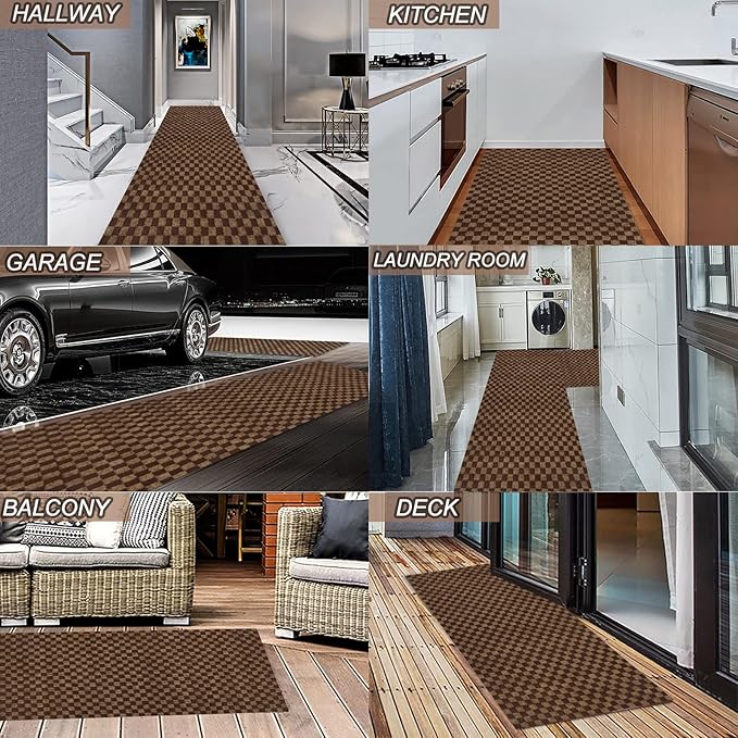 2' x 74' Runner Rugs with Rubber Backing, Indoor Outdoor Utility Carpet Runner Rugs, Checkered Brown, Can Be Used as Aisle for The RV and Boat, Laundry Room and Balcony