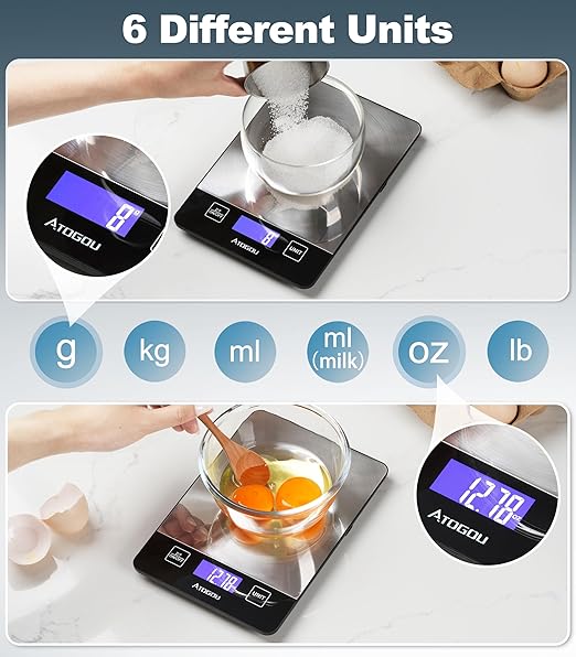 Atogou Food Scale, 33lb/15kg Rechargeable Kitchen Scale with Full-View Backlit LCD Display, Grams and Ounces, Type-C Charging, Waterproof Stainless Steel Surface for Baking, Cooking, Food Black