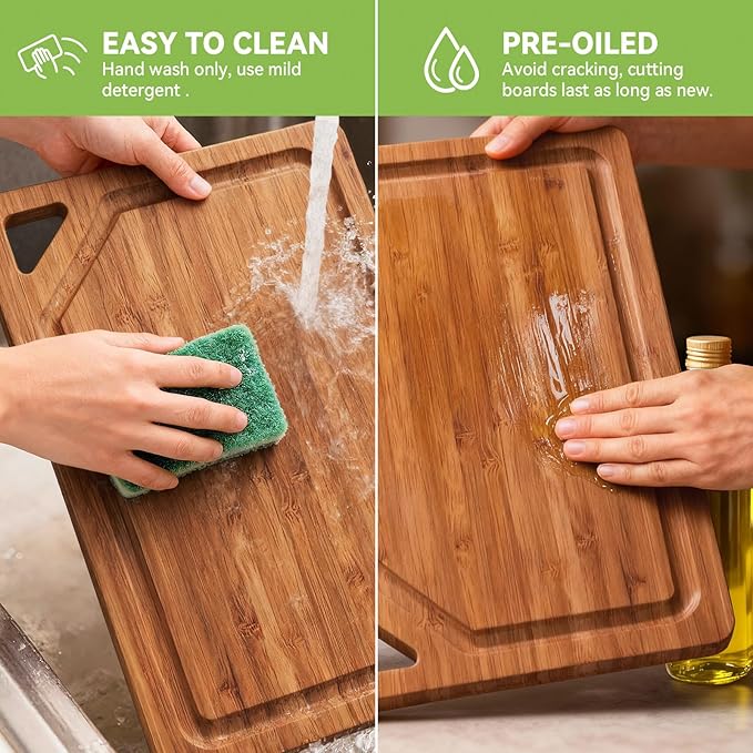 Bamboo Cutting Boards for Kitchen, Wood Cutting Boards with Deep Juice Grooves, 3-Pack Bamboo Cutting Board Set with Holder, Chopping Board & Charcuterie Board for Meal Prep & Serving