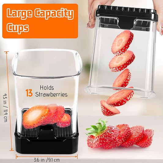 2 Pack Fruit Slicer Cup for Strawberry, Banana, Hard-Boiled Egg - Detachable Cutter with Push Plate - Rapid & Safe Slicing Kitchen Gadget for Quick Meal Prep (Black)