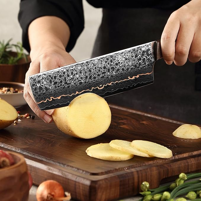 Wakoli Kawa Nakiri Knife, 7.1-Inch Blade Damascus Chef Knife | 67-Layer Damascus Steel with VG10 Core | Copper Inlay | Maple Stabilized Wood Handle | Professional Kitchen Knife