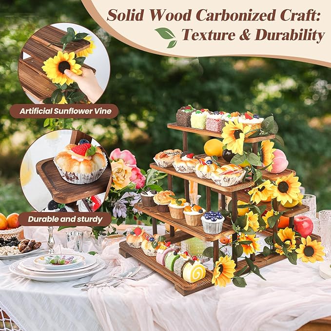 Wooden 7 Tier Cupcake Stand & Towers Serving Trays for Party with Vine Decoration — Party Display Serving Ladder with Platter for Cake, Snacks — Perfect for Catering, Events & Centerpieces