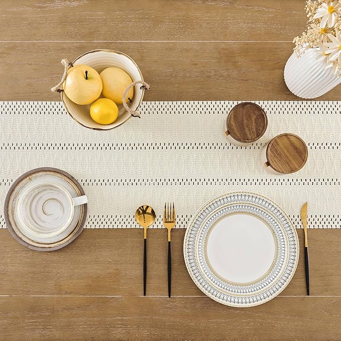 ZeeMart Macrame Style Boho Table Runner, Ivory Table Runners 108 Inches Long, Farmhouse Woven Home Decor, 12x108 Inch (12x116 Tassel Included), Ivory