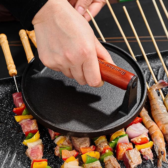 Brandon-super Smash Burger Press Two-Piece Set - Impurity-Free Cast Iron Meat Bacon Griddle Hamburger Smasher Tool