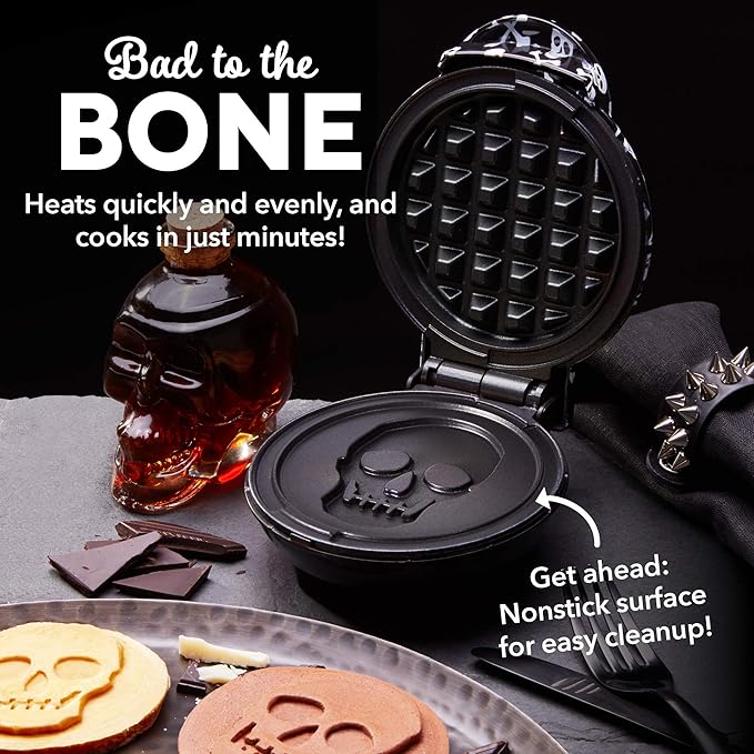 Dash Mini Waffle Maker- Electric Waffle Maker for Fun Breakfasts - Dual Nonstick Cooking Surface - Enjoy Fun, Family-Friendly Treats - Black Skull