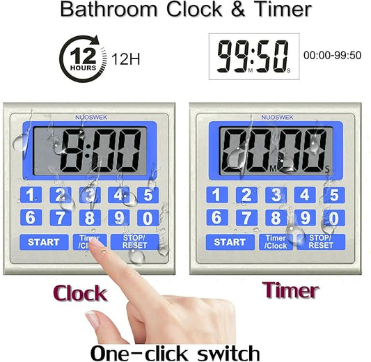 Digital Timer Waterproof Shower Timer Shower Clock Direct Digit Entry Bathroom Kitchen Timer with Strong Magnet and Large LCD Display (Waterproof 13 Key)