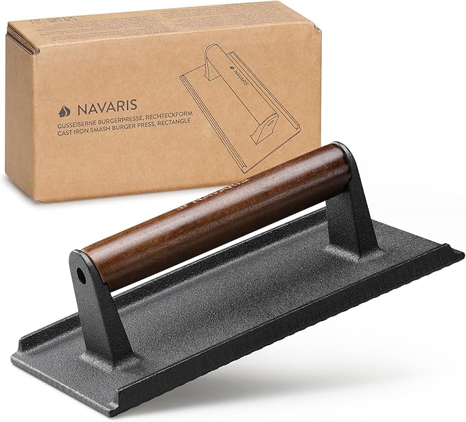 Navaris Smash Burger Press - Rectangular Cast Iron Hamburger Press - Burgers Presser for Even Grilling and Sear Marks - 21 x 11 x 6.5 cm (8.3 x 4.3 x 2.6 in)