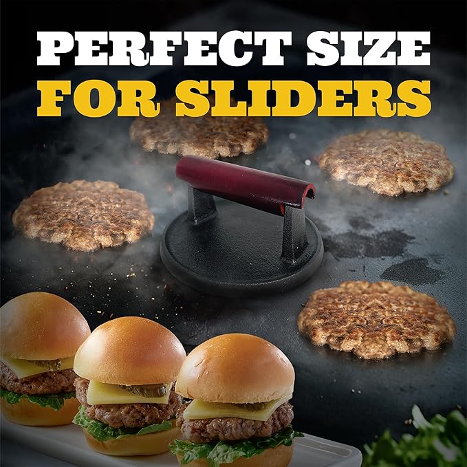 IAN's Smash Burger Press 4 Inch, Cast Iron Hamburger Press Heavy Duty - Burger Smasher, Griddle & Meat Press - Perfect Size for Sliders!