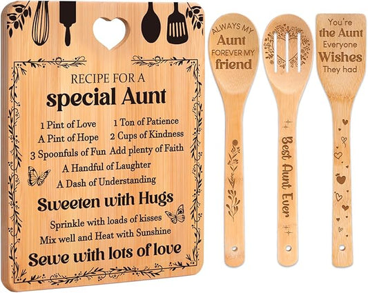 Gifts for Aunt - "Recipe for a Special Aunt" Aunt Birthday Gifts Cutting Board Set, Bamboo-Made Engraved Utensil Set, Aunty Birthday Gifts